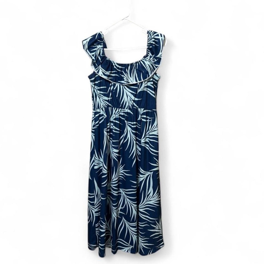 blue tropical leaf-print maxi dress - M